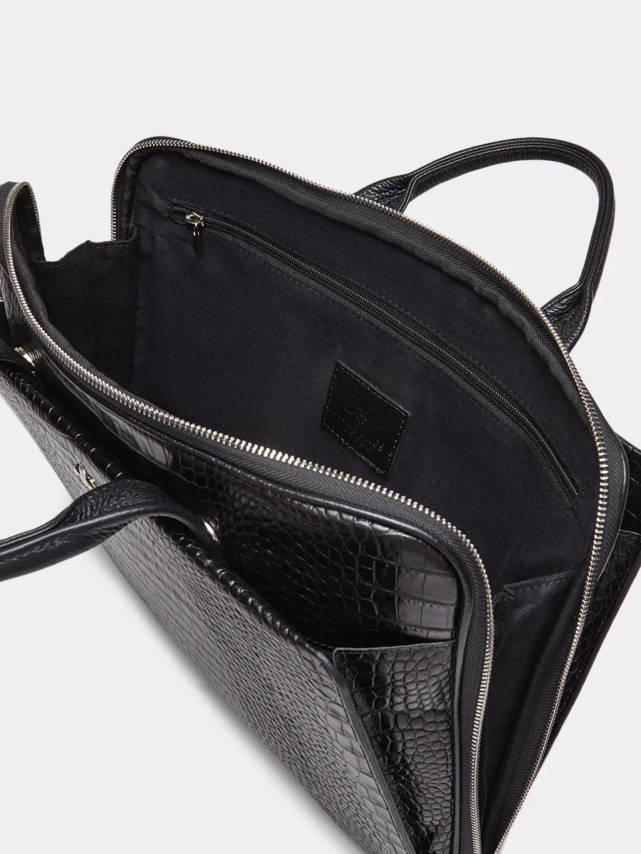 Деловая сумка Saimon Croco из натуральной кожи черного цвета