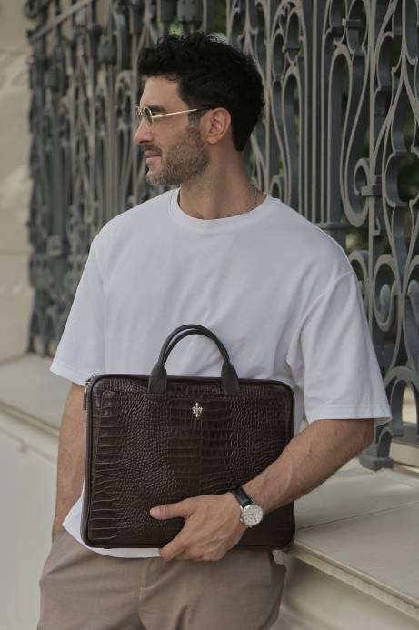 Деловая сумка Saimon Croco из натуральной кожи цвета молочного шоколада